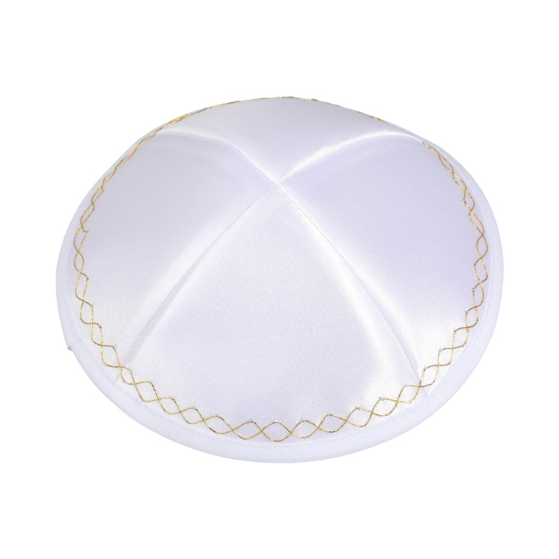 Skull Cap Helmet Liner - Beyaz Saten Yahudi Kippası, Altın Dalgalı
